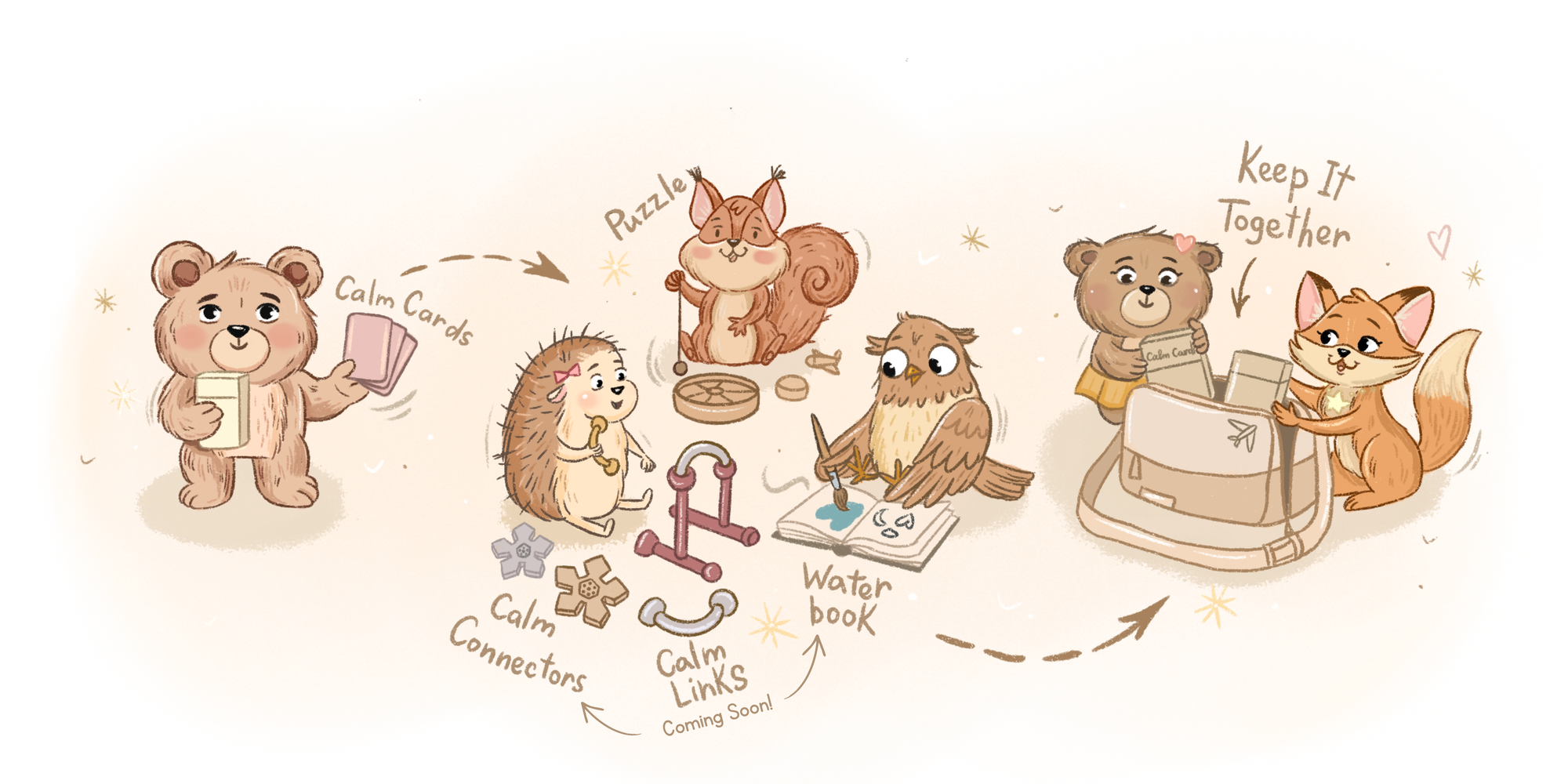 Illustration of the Calm & Confident System with Calm Cards, Calm Crew Puzzle, Calm Links, Calm Connectors, Water Magic Book, and Travel Bag.