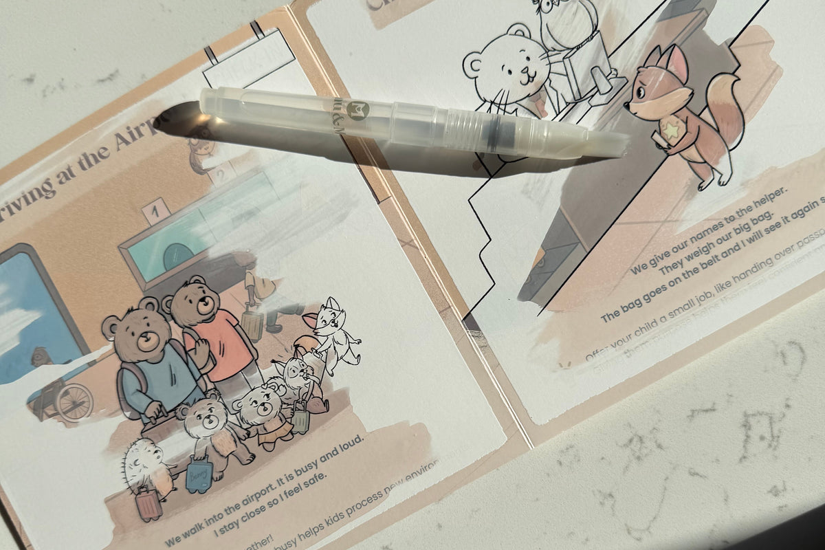 Child exploring the My First Flight Calm Crew activity book