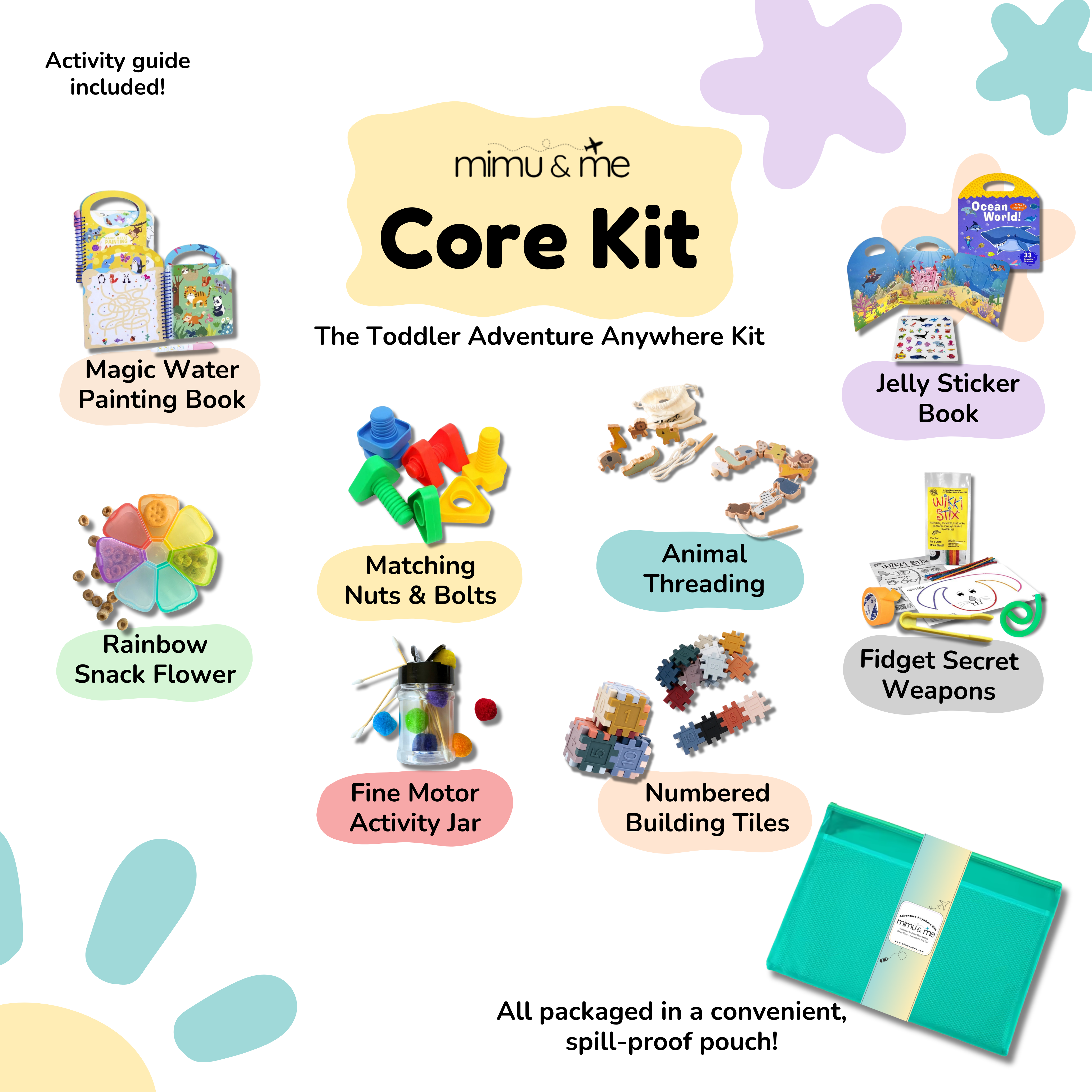The image displays the 'Core Kit' from Mimu & Me, which is a toddler travel activity kit. It includes various colorful toys and activities such as a magic water painting book, jelly sticker book, matching nuts and bolts, animal threading, a fine motor activity jar, numbered building tiles, and sensory secret weapons like Wikki Stix and a rainbow snack flower.