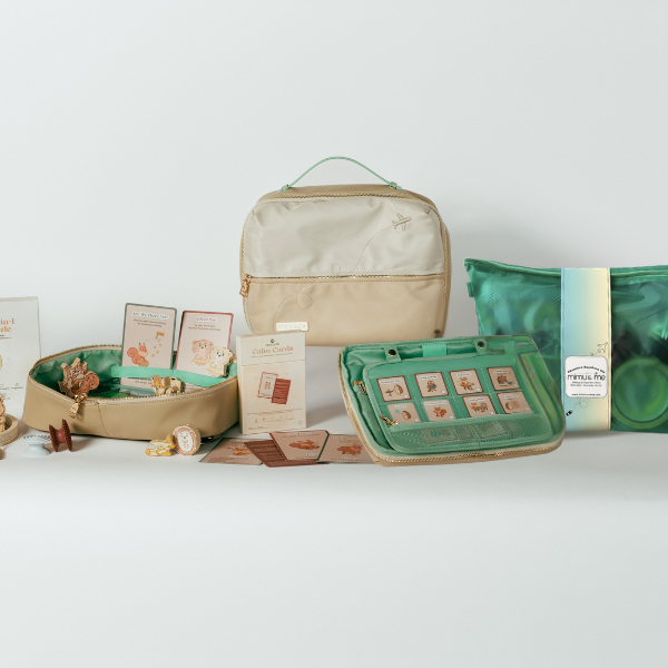 Summer Travel Bundle with the Calm and Confident Travel Bag, Calm Cards, Calm Crew Puzzle, and Adventure Anywhere Kit.