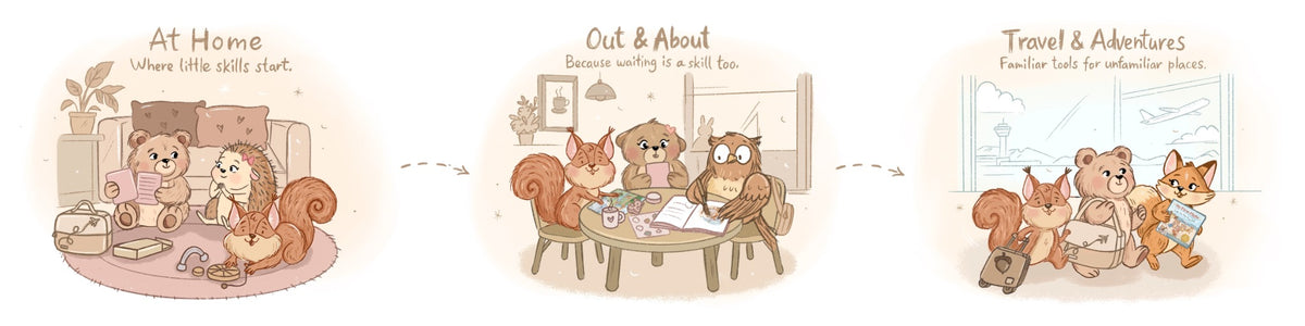 Illustrated Mimu & Me journey from at-home play, to waiting at a café, to family travel at an airport.